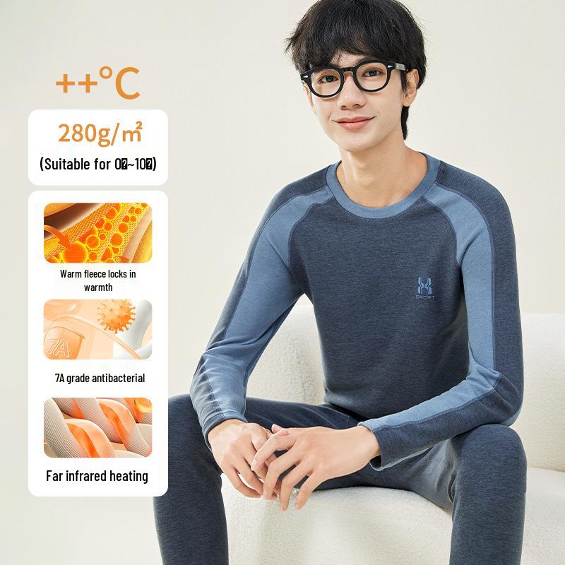 Teen Boys' Warm Cotton Wool Underwear Set - Autumn/Winter Base Layer Top & Trousers