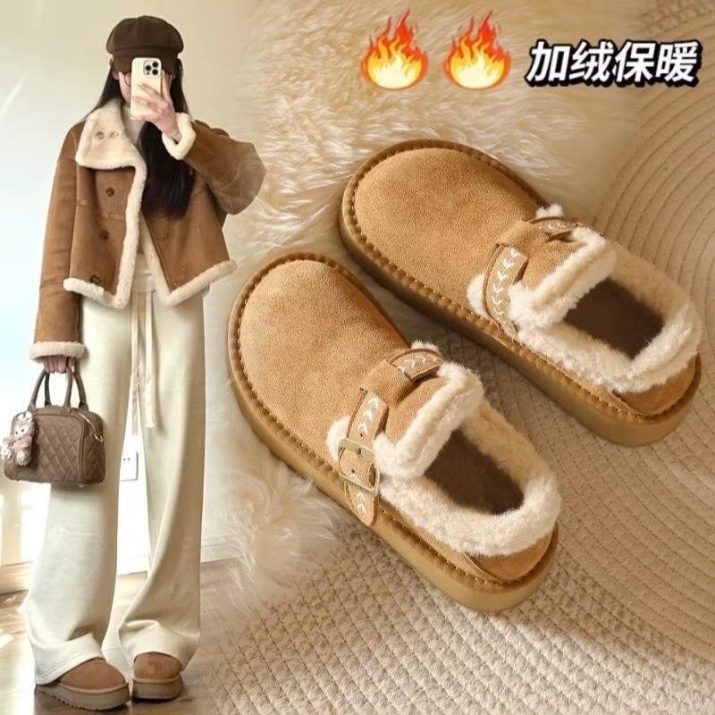 Thick-soled heightening snow boots women's winter new Internet celebrities versatile velvet warm one pedal Birkenstock cotton shoes