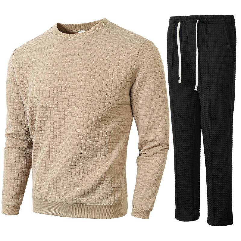 Höst och Vinter Ny Rund Hals Långärmad Rutig Casual Underdel Skjorta Herrbyxor Set