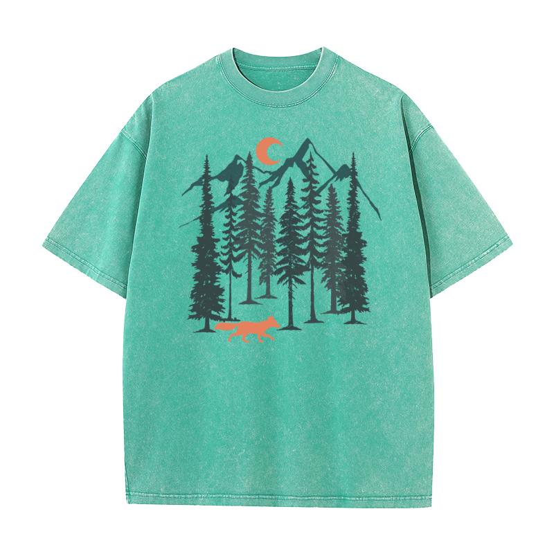 Classic Fox Forest Outdoor Style Hip Hop Washed Retro T Shirts Crew Neck Pure Cotton Female Tees Washed T Shirt Summer
