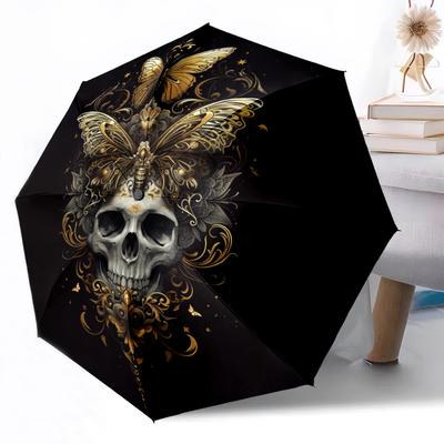 Butterfly Skull Ornament Outdoor Automatic Umbrella Sturdy 8 Rib Durable Plastic Iron Outdoor Daily Use Outdoor Accessory Perfect Gift Friends