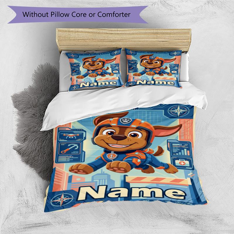3pcs Duvet Cover Set (1*Duvet Cover + 2*Pillowcase, Without Core), Custom Name PAW Patrol Pattern Bedding Set, Home Bedroom Decor Gift