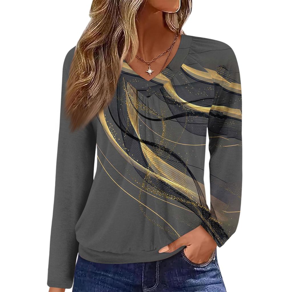 Women's Casual Fashion V-Neck Raglan Pleated Floral Print Long Sleeve Top