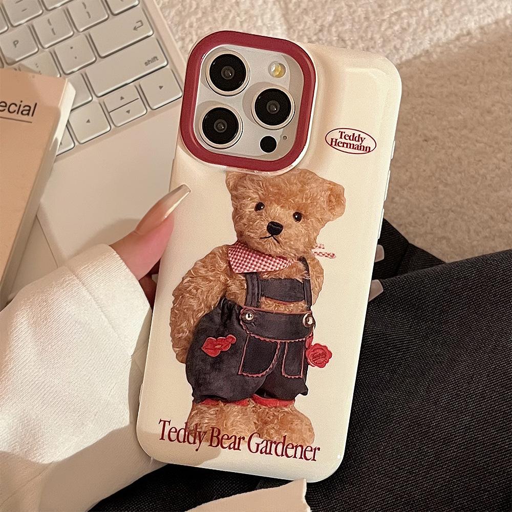 Unique plush denim bear iPhone 13 case, suitable for iPhone 15, silicone for 11, anti-drop for 14 Pro Max, 16