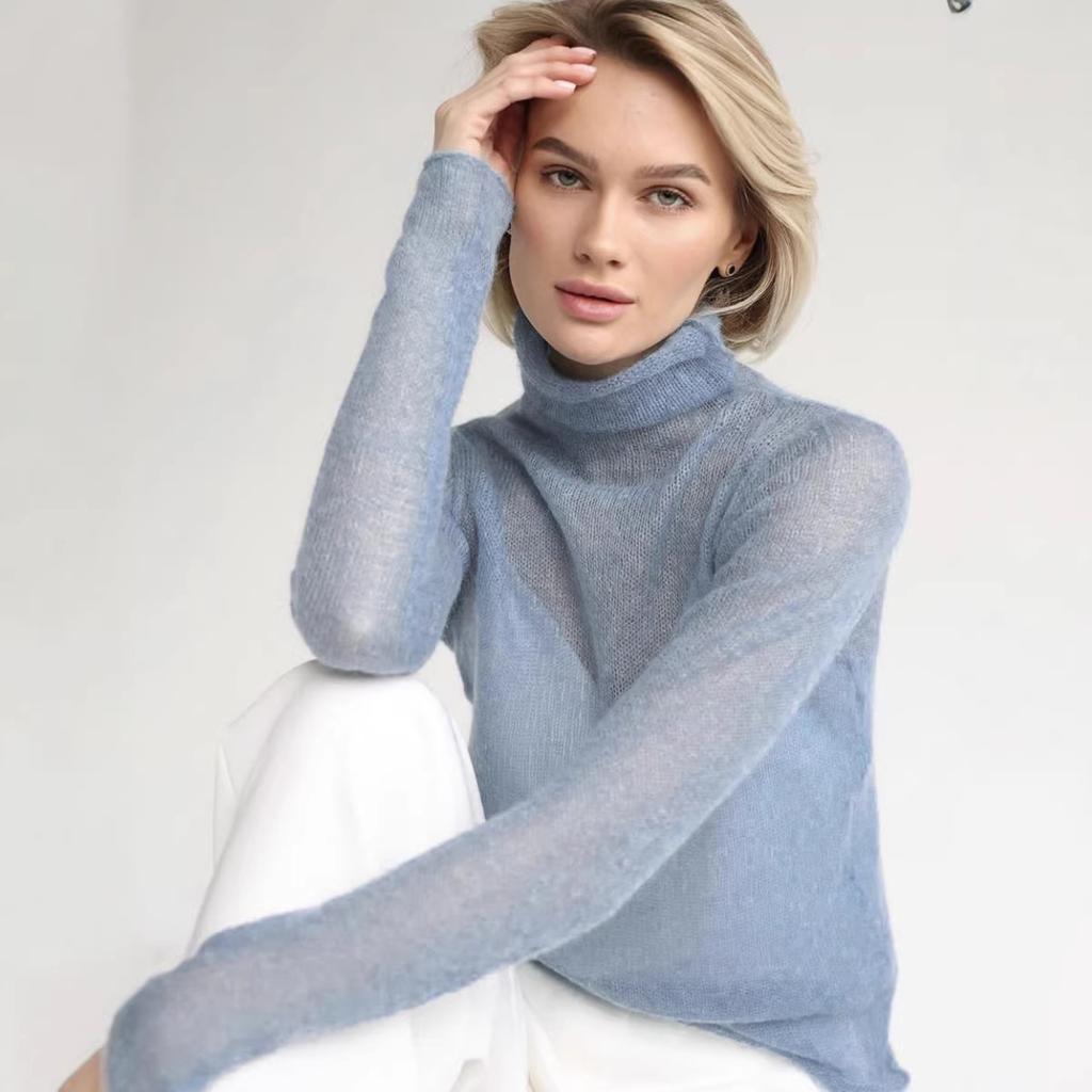 Women Sheer Turtleneck Sweater Semi Transparent Thin Lightweight Long Sleeve Solid Color Elegant Ladies Layering Knit Pullover