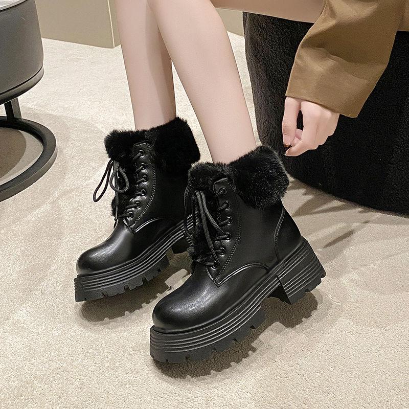Fashion Leather Platform with Laces Booties Plush Round Toe Women's Snow Boots Waterproof Ladies Shoes Work Chic and Elegant Footwear