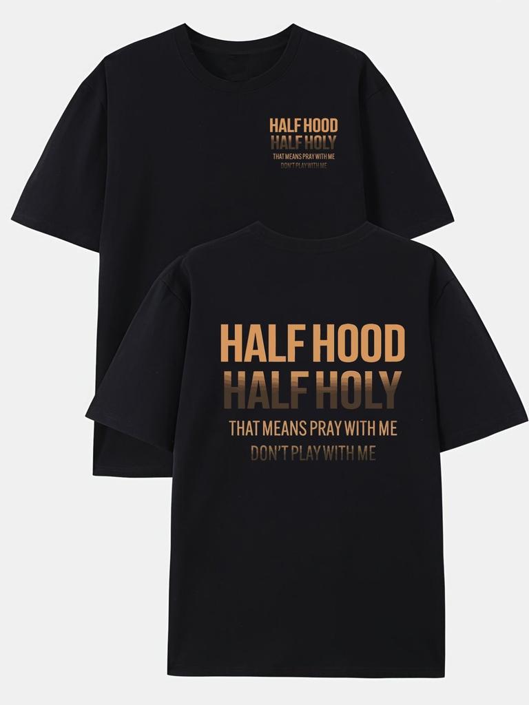 Half Hood Half Holy Graphic Oversized Black Plus Size Men's Clothing - Bold Statement Tee with Inspirational Text, Casual Short Sleeve Top for Everyda