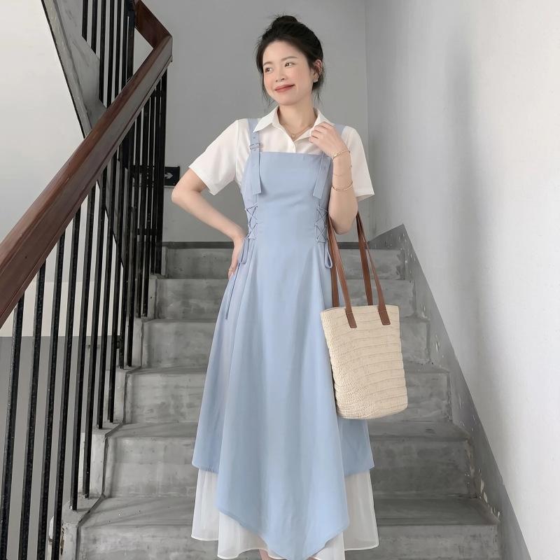 French Light Blue Dress Set Women's Summer New Waist Pinched Irregular Long Dress Beautiful Strap Skirt