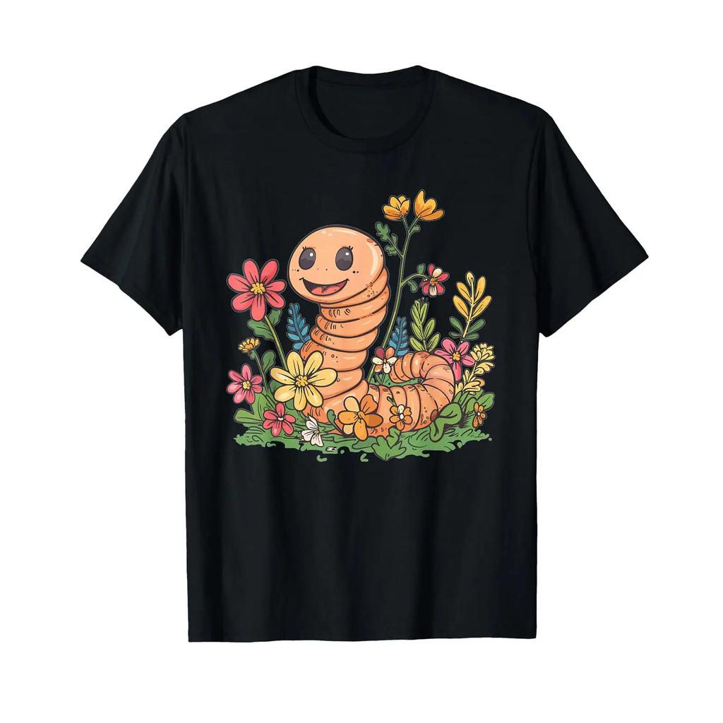 Cute Worm With Flowers I Kids T Shirt Black Vintage Casual Top For Everyday Wear Comfortable Breathable Graphic Soft