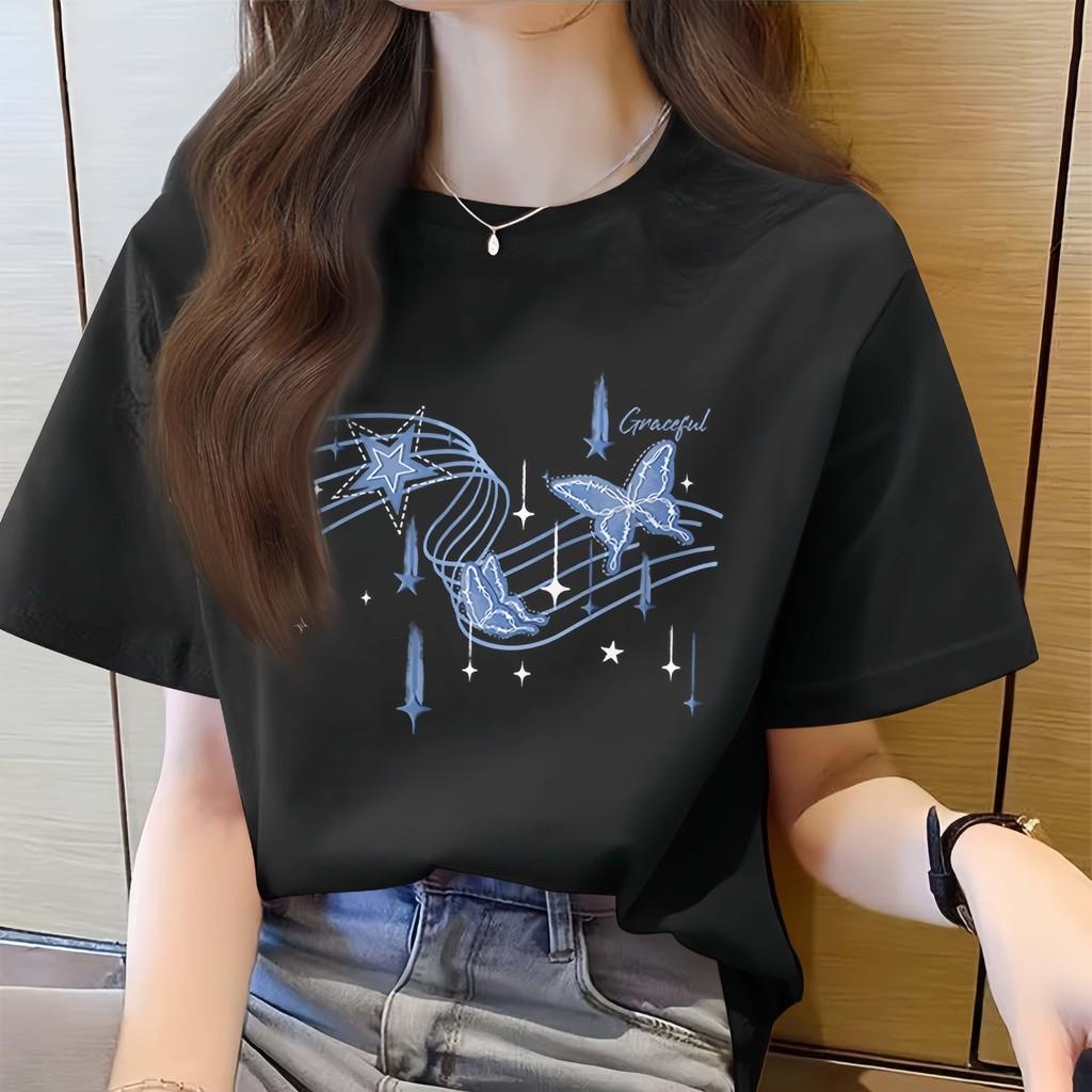 Women's short sleeved trendy T-shirt with bow print, women's loose round neck top