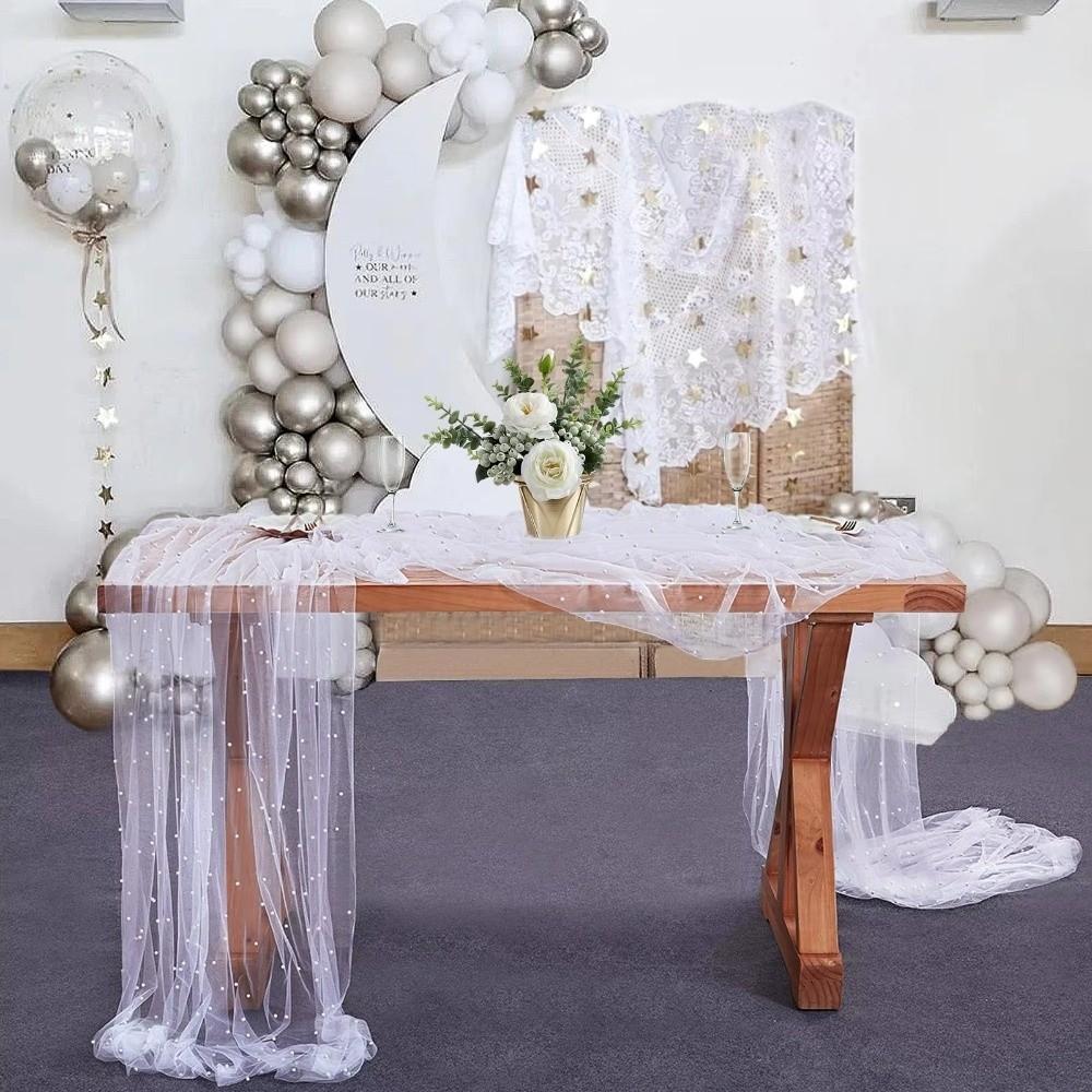 Sheer Drapes Pearl Yarn Table Runner Gauze Mesh Semi Transparent Wedding Tablecloth DIY Pearl Table Cover Dinner Table