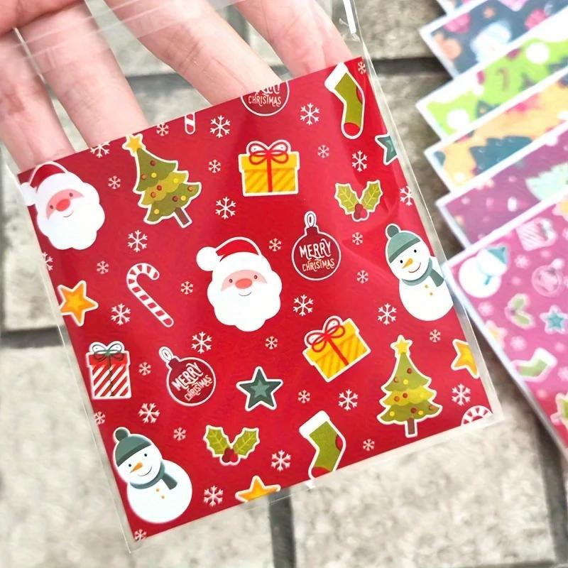 100pcs Christmas Gift Bags with Self-Adhesive, Festive Santa, Tree, Gingerbread Man for Holiday Decorations, Party Favors