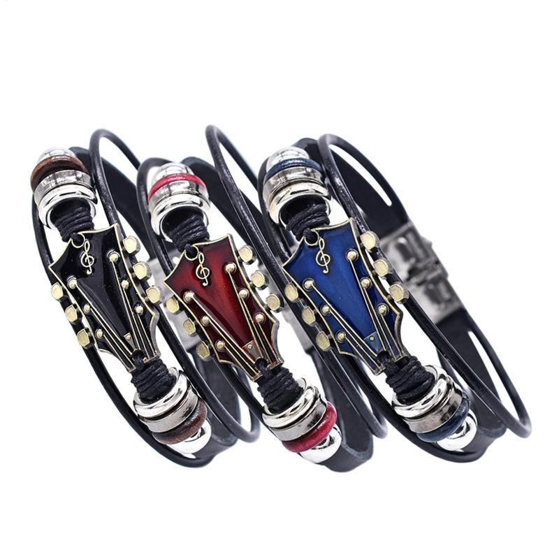 Braided Guitar Bracelet Zinc Alloy Adjustable Buckle Manual Woven Faux Leather 3-layered Retro Punk Wrist Jewelry Gifts