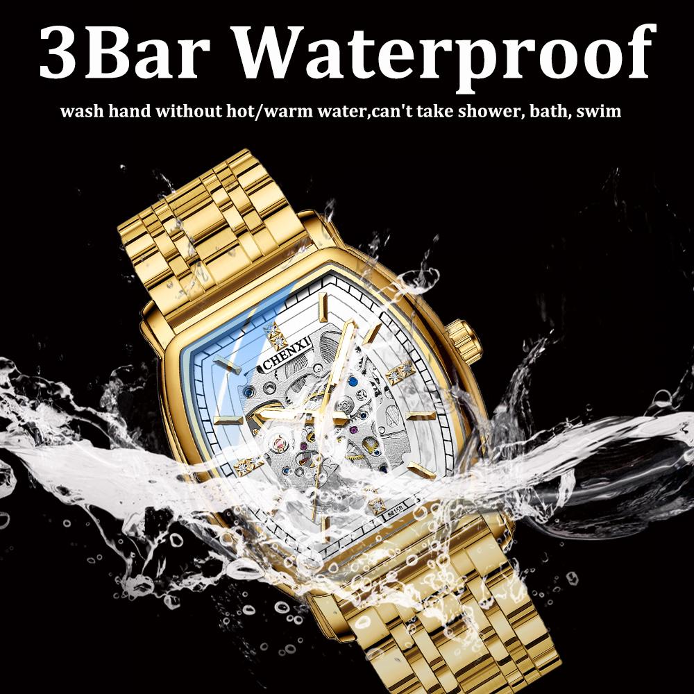 Relógio Mecânico Masculino Novo Tipo Barril Automático Vazado Luminoso À Prova d'Água Aço Inoxidável Dourado Relógios para Homem Relojes Hombreino