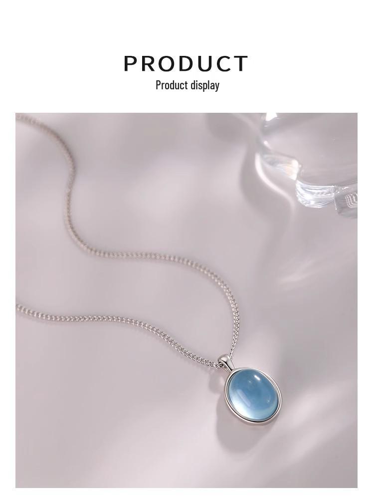 High-End S925 Sterling Silver Natural Aquamarine Oval Pendant Necklace for Women