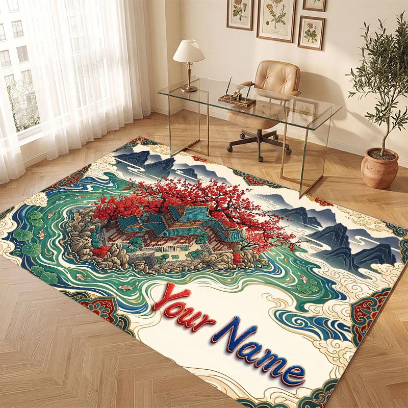 Floral Garden Theme Crystal Velvet Floor Rug Personalized Custom Name Text Warm Carpet Home Decoration