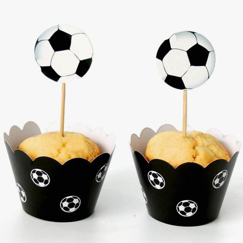 24 Stück/Packung Jungen Gastgeschenke Fußball-Thema Tortenaufsatz Happy Birthday Party Fußball Cupcake-Aufsätze mit Stäbchen Dekorieren Kuchen Topper