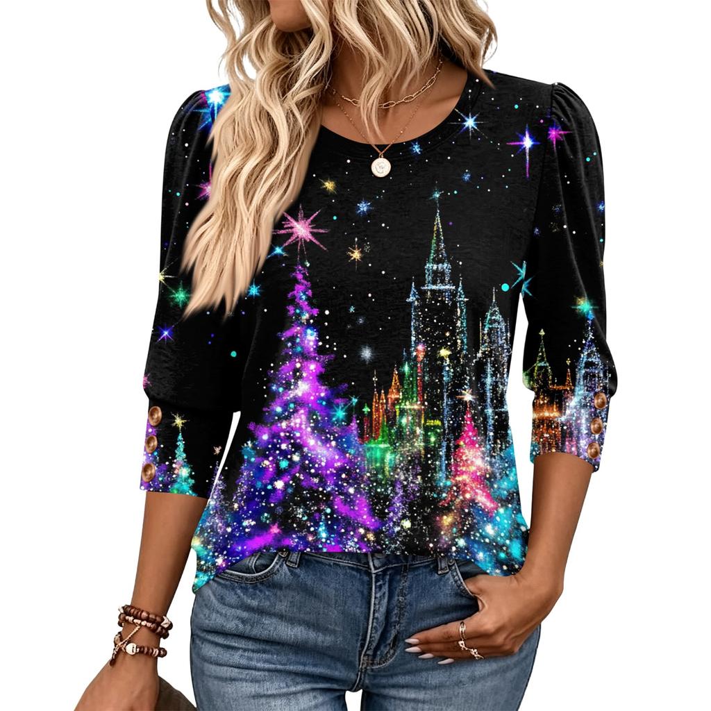 Women's Fashion Three-Quarter Sleeve Crewneck T-Shirt Casual Top for Everyday Wear