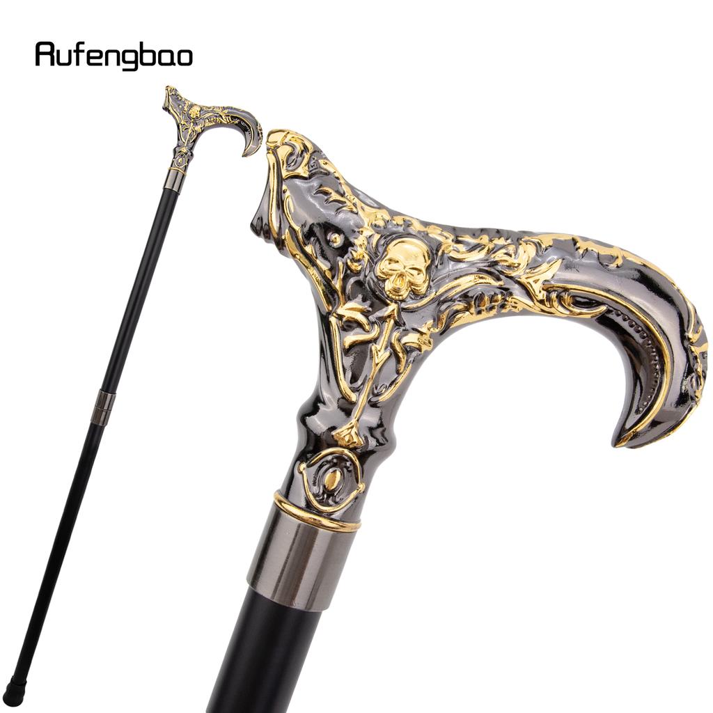 Golden Black Skull Flower Head Walking Cane Fashion Decorative Walking Stick Gentleman Elegant Cosplay Cane Knob Crosier 93cm