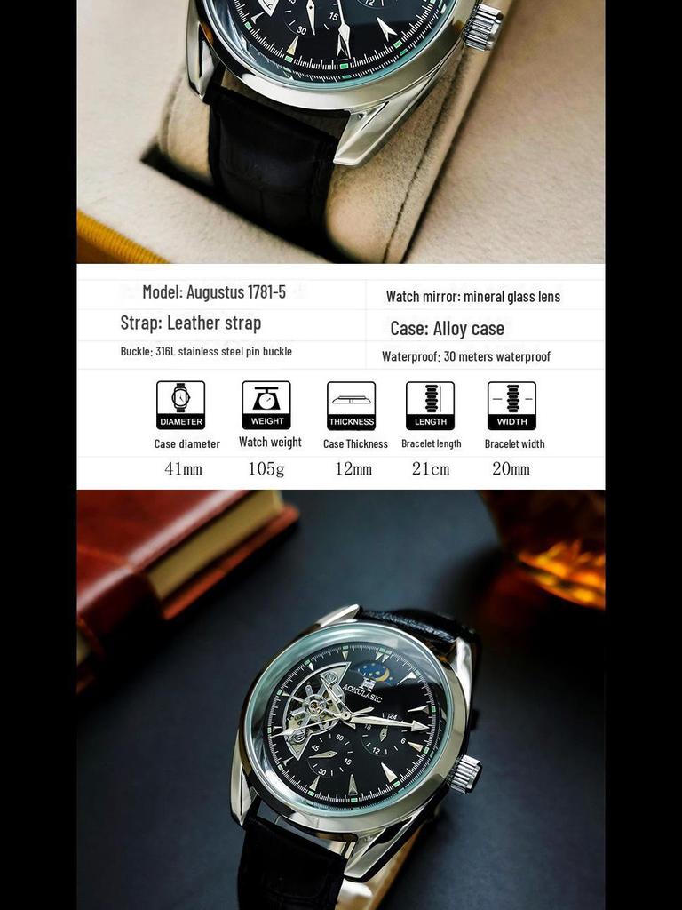 Men's High-End Hollow Flywheel Mechanical Watch - Automatic, Waterproof, Luminous, Moon Phase, Multifunction.