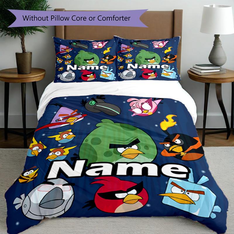 3pcs Duvet Cover Set (1*Duvet Cover + 2*Pillowcase, Without Core), Custom Name Angry Birds Pattern Bedding Set, Home Bedroom Decor Gift