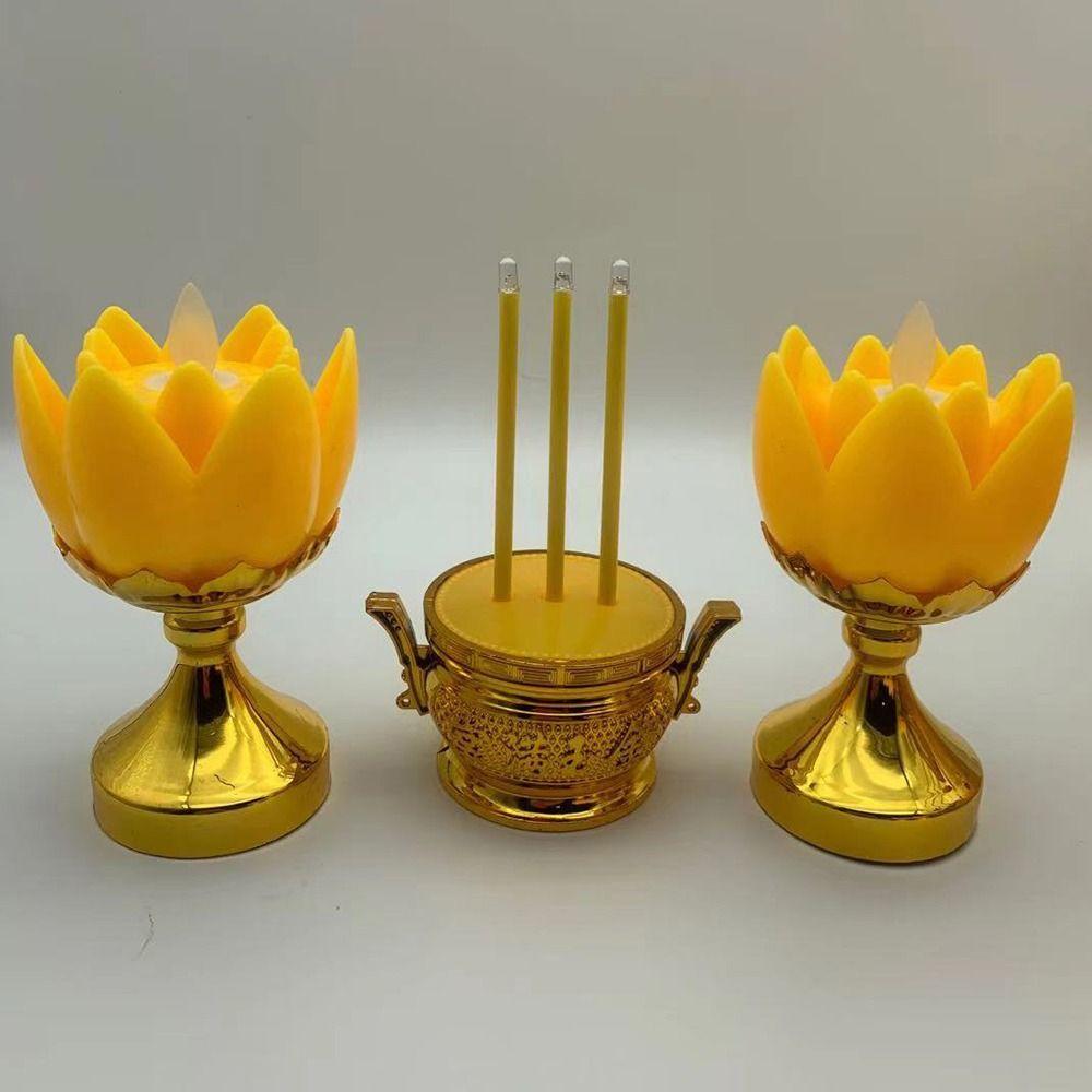 Plastic Lotus Candle Set Gold White Electronic Candlestick Set  Desktop Ornament