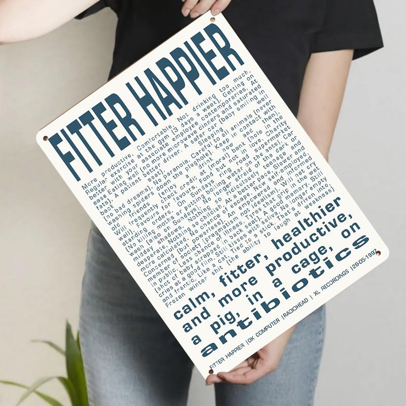 Radiohead Fitter Happier Lyric Art Custom Metal Sign Vintage Music Decor for Home Bar Wall Decoration 20x30cm（7.8x11.8inch）