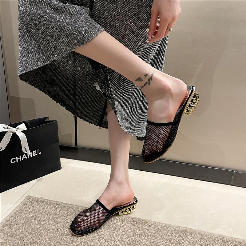Fashion foreign trade bag head half drag women's high heel European and American style mesh slippers outer wear 2025 summer new large size sandals