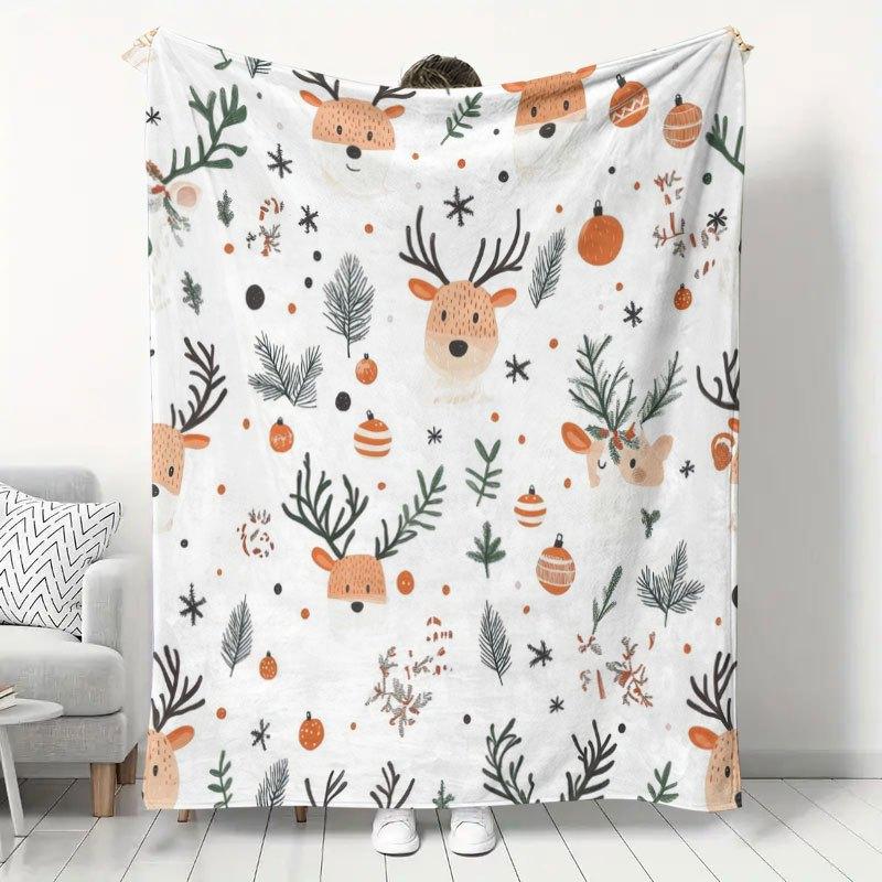 1pc Christmas Reindeer Print Flannel Blanket, Winter Warm Sofa Cover, Cute Office Nap Mat, Holiday Style Home Bedroom Bed Blanket, Stock Available