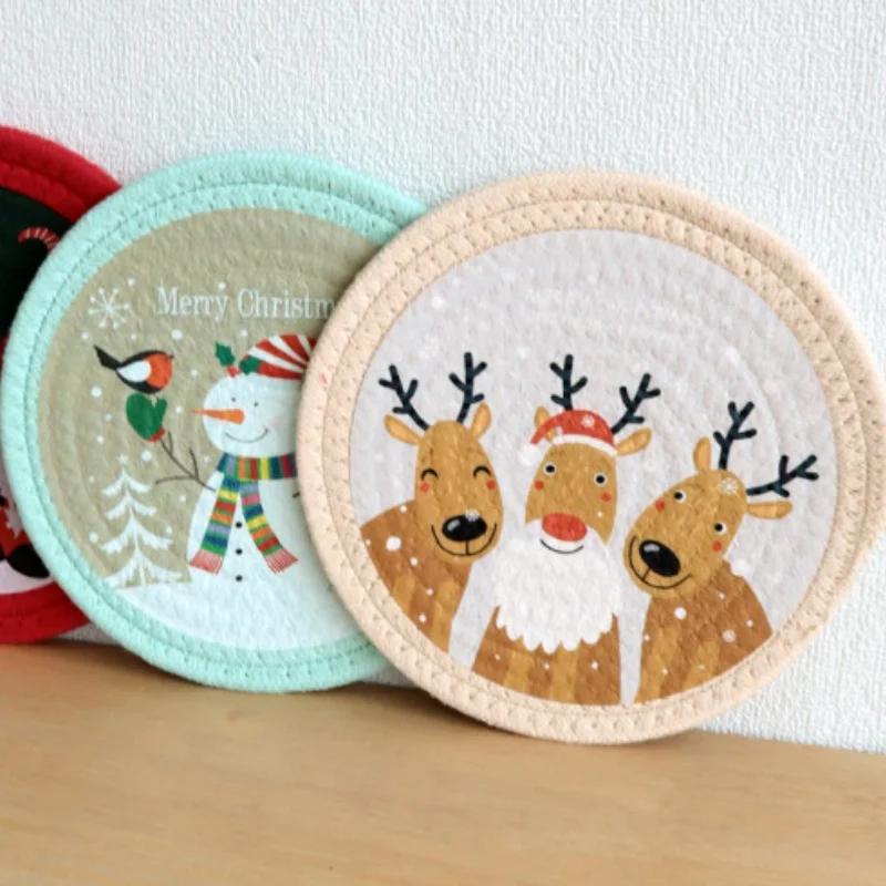 Christmas Printed Round Coasters Elf Snowman Insulated Non-slip  Anti-scald Woven Mat Home and Decoration Kitchen Utensils
