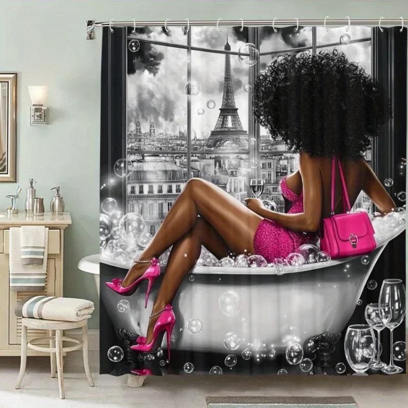 Beautiful Black Pattern Shower Curtain Waterproof For Room Home Hotel Machine Washable Curtain Waterproof Bathroom