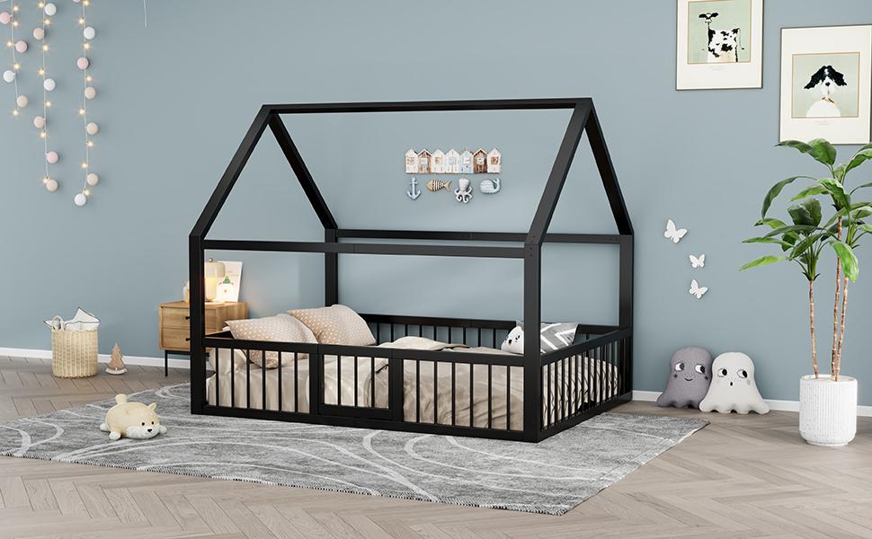 Flat bed, metal bed, 140 x 200 cm, metal bed frame, iron bed, children's bed, without mattress, house decorative trim, parapet, black