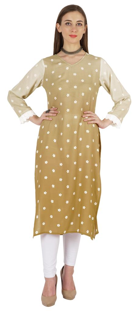 Bimba Printed  Designer  Kurta  For Womens Straight Kurti V-Neck Ethnic  Traditional  Wear - Cotton