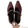 2025 Spring and Autumn New French Shallow Mouth Mary Jane Shoes Retro Metal Chain Small Leather Shoes Pointed Flat Sole Shoes Women