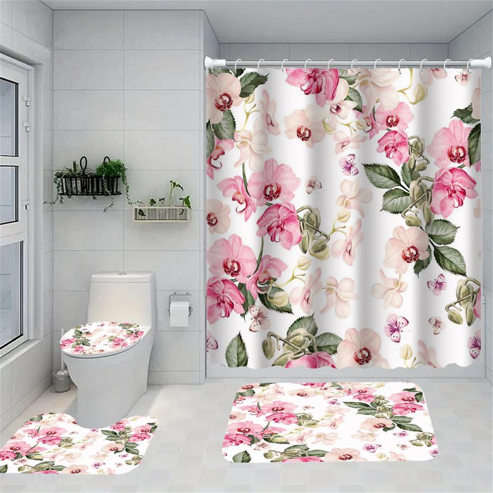 4 Piece Bathroom Decor Set With 70.8 Inch Shower Curtain Rug And Toilet Lid Cover