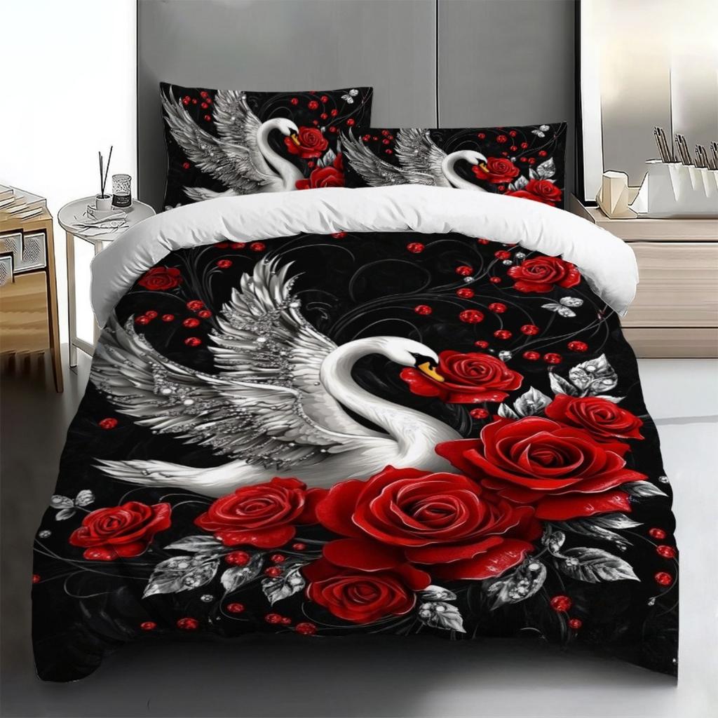 Single Bedding Swan Duvet Cover Set for Kids Adults, Black/Pink 3D Printed Duvet Cover 2 Piece Set with Pillow Cases 75*50cm