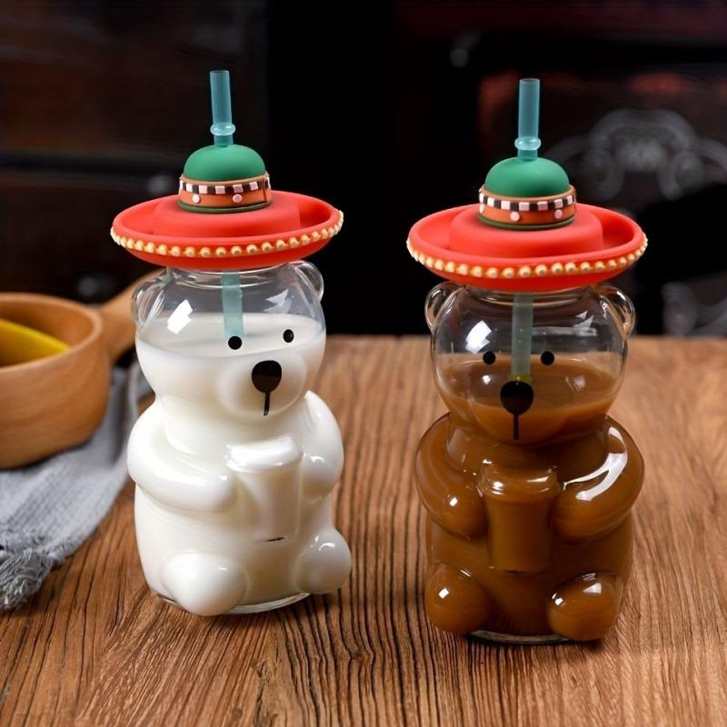 Niedlicher Bär Glasbecher für Kinder Hochtemperaturbeständige Transparente Gläser mit Strohhalmdeckeln Kaffeetassen Getränke Trinkgeschirr Geschenk