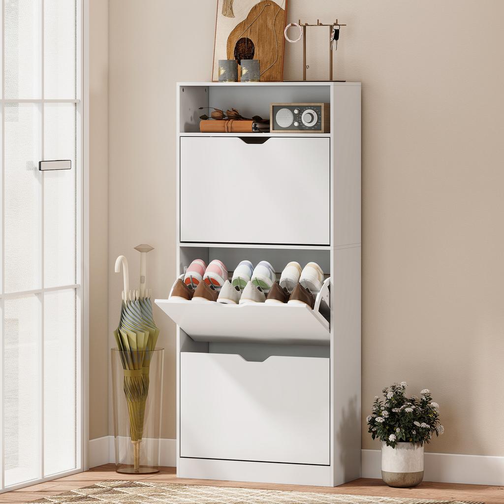 Shoe Cabinet 18 Pairs Narrow Shoe Cabinet 3 Flip Drawers Adjustable Shelves White