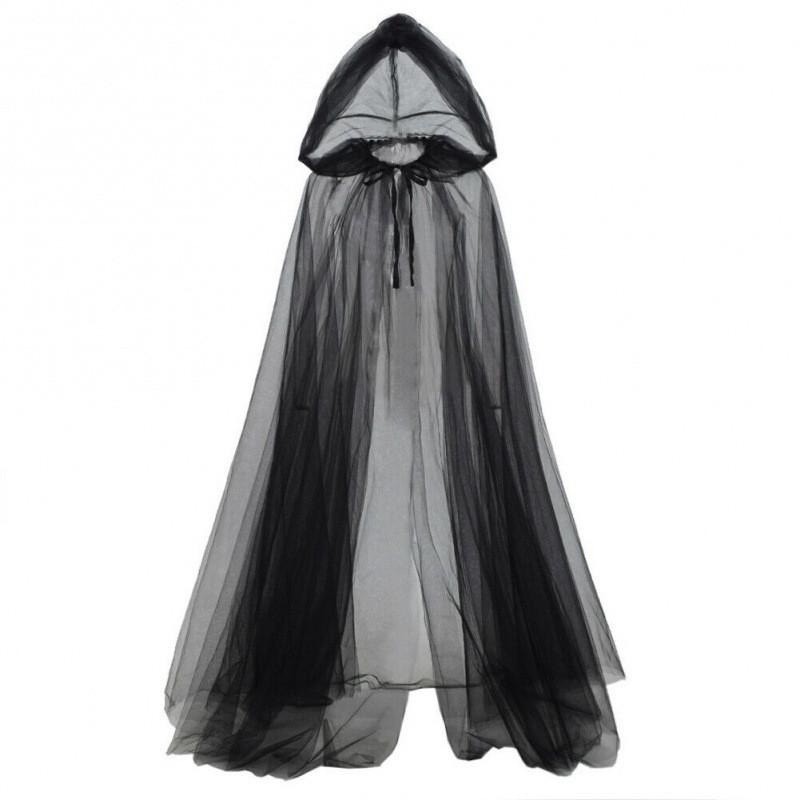 Halloween Witch Cloak With Hooded Tulle Cape Cosplay Costume Women Vampire Reaper Role Play Party
