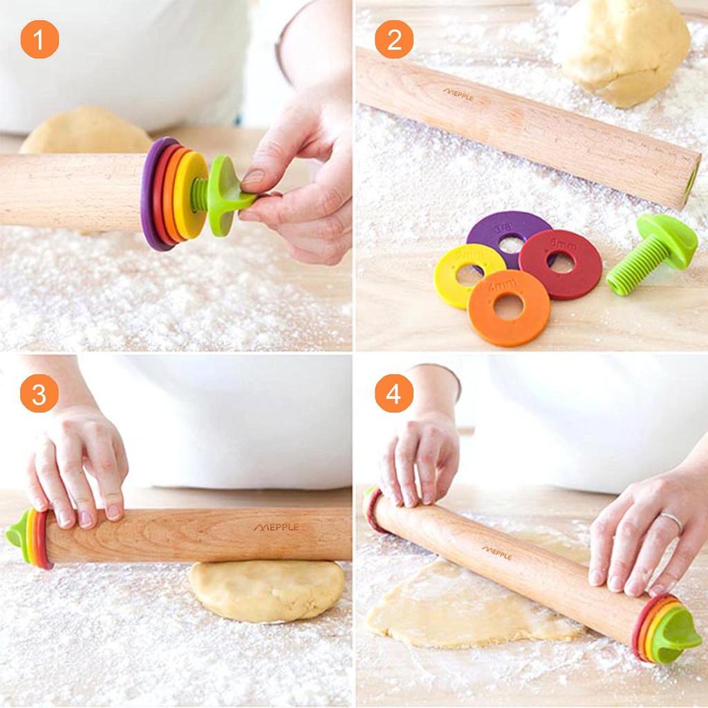 Rolling Pin with Thickness Rings for Baking,Fondant, Pizza, Pie Crust, Cookie, Pastry, Roller Rod for Dough Thickness, 13.6" Adjustable Wooden