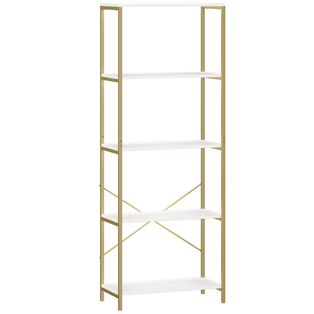 5-Tier Bookshelf, Modern Bookcase with Metal Frame - White and Gold Tone