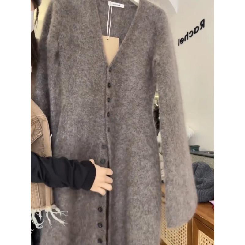 Coffee Mohair Cardigan Knitted Dress Women's Autumn and Winter Wear High-end Lazy Wind Soft Waxy Long Sweater Skirt