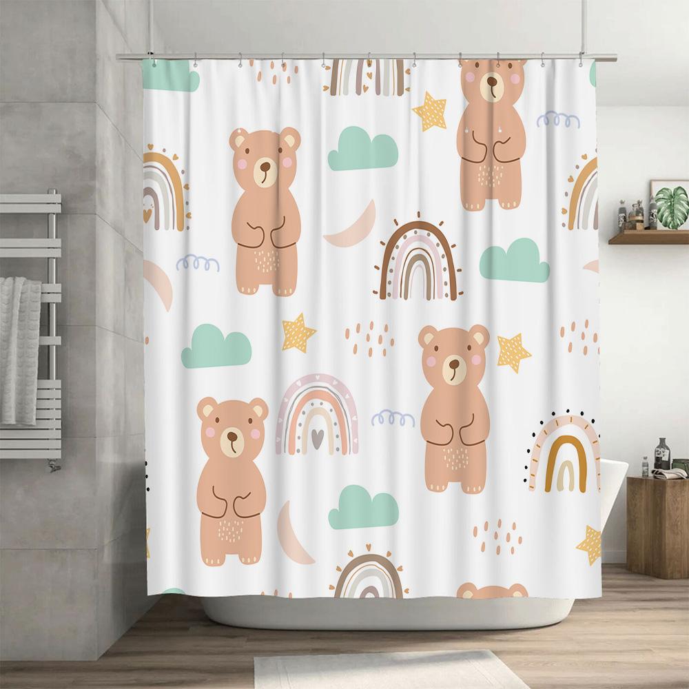 Cute Bear Shower Curtain White Bathroom Decor with Rainbow Clouds Pattern for Kids Bathrooms Set Includes 1 Curtain (70 X 72) +