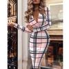 Autunno e inverno nuova moda francese retrò europea e americana stampa scollo a V borsa anca manica lunga abito sottile sexy sub tendenza