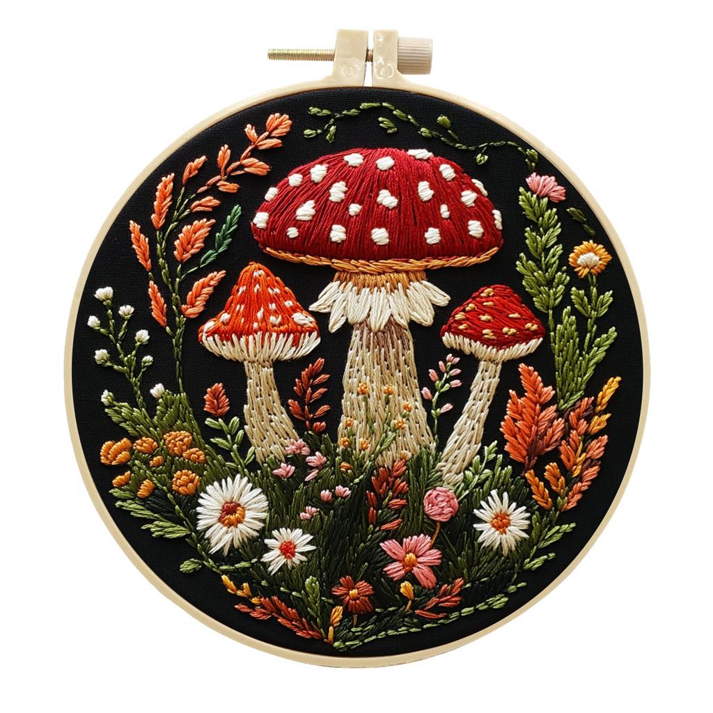 1pc Mushroom and Floral Pattern Embroidery DIY Fabric Craft Kit with Tools