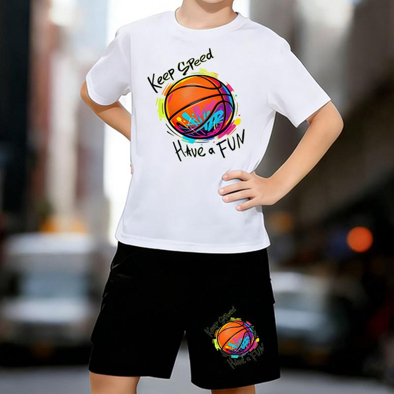Boys 2 Piece Basketball Themed Print Outfit, Short Sleeve T-Shirt and Shorts Set for Kids Age 5-14,Black and White Sporty Casual Summer Clothes