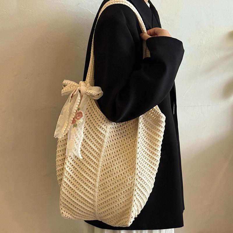 Yogodlns Solid Color Crochet Tote Handbag Summer Beach Scarf Decor Fashion Women's Mesh Woven Shoulder Bags Large Capacity Knitting Underarm Bag