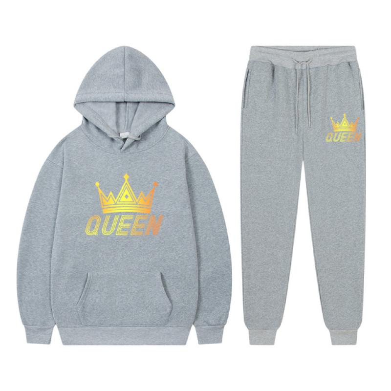 Long Sleeved Tracksuit QUEEN KING Print Lover Couple Outfits Fleece Hoodie Sweatpants Oversized Sweatshirt Pants Suit Men Clothe