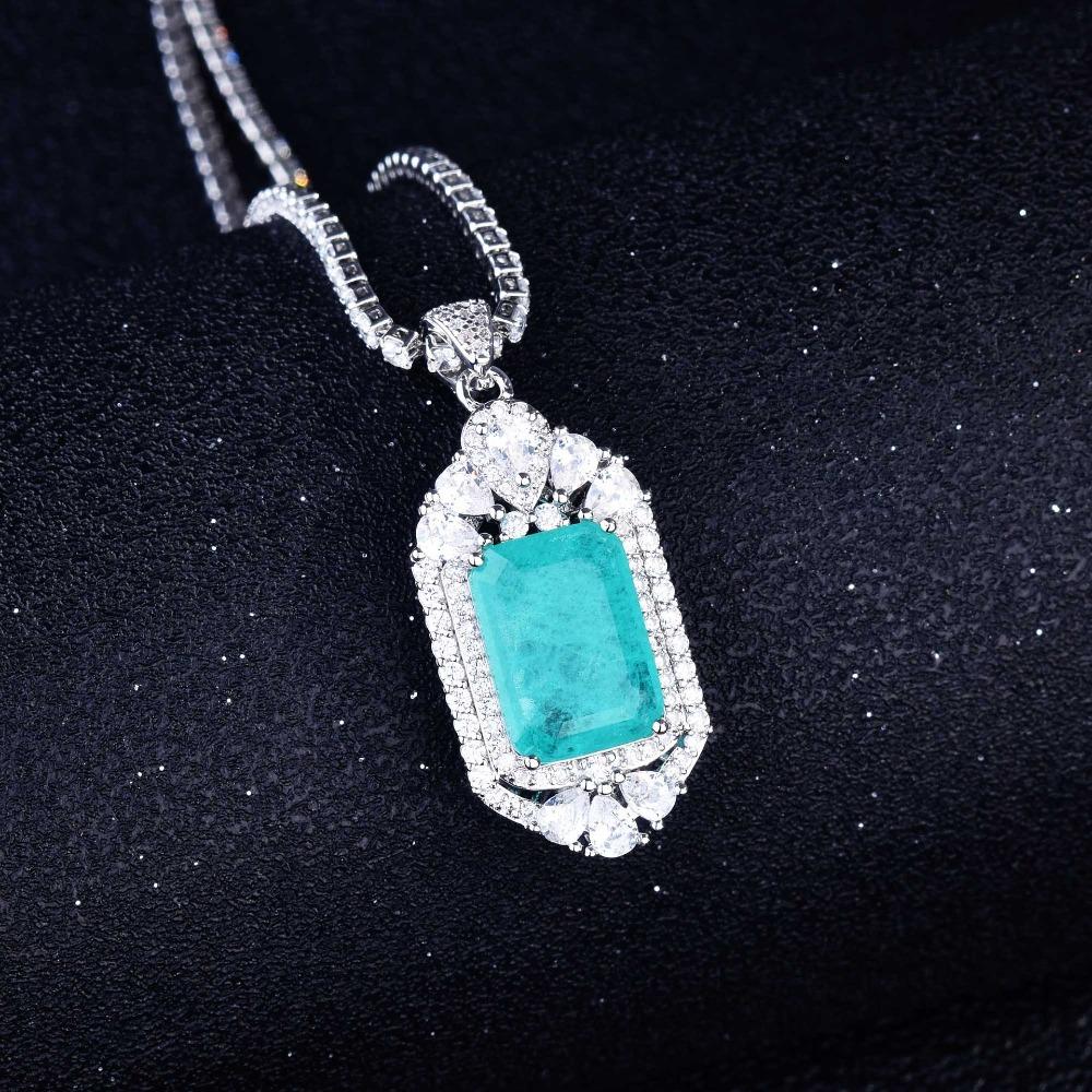 Paraiba Color Gemstone Pendant Necklace Micro Paved Diamond Teardrop Clover Flower Necklace for Women