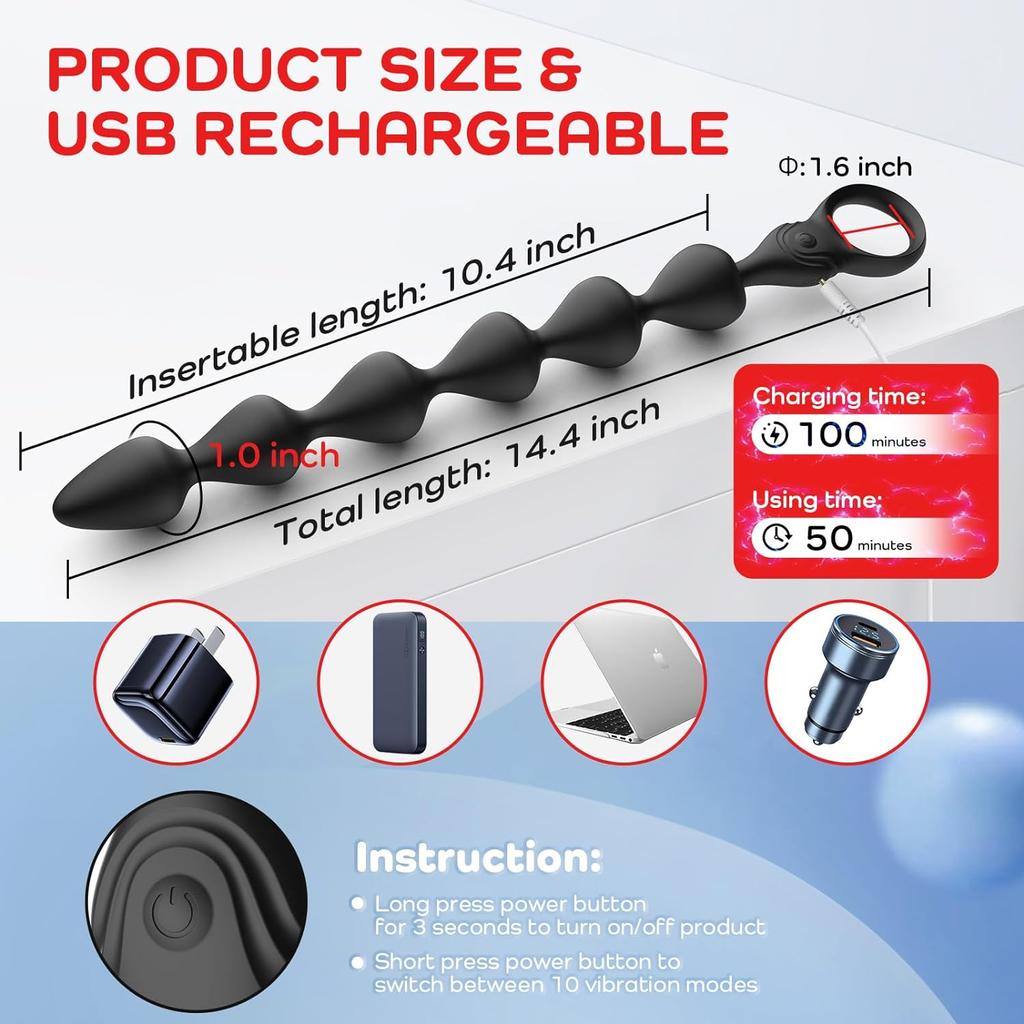 Ultra Soft Liquid Silicone Vibrating Anal Massage Beads Prostate Massager, 10 Vibration Modes, Anal Sex Toys for Couples